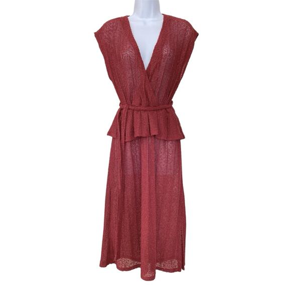 Vintage 70s Boho Sheer Knit Cranberry Peplum Deep V Faux Wrap Midi Dress S/4/6 - Picture 1 of 6